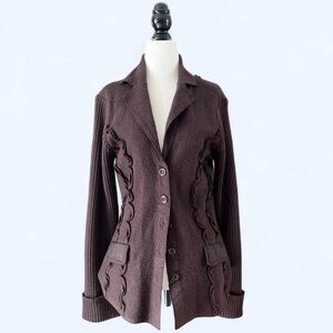 Brown Frilly Knit Ruffle 100% Wool Cardigan Y2K Inspired Boho Alt Girl Size 10